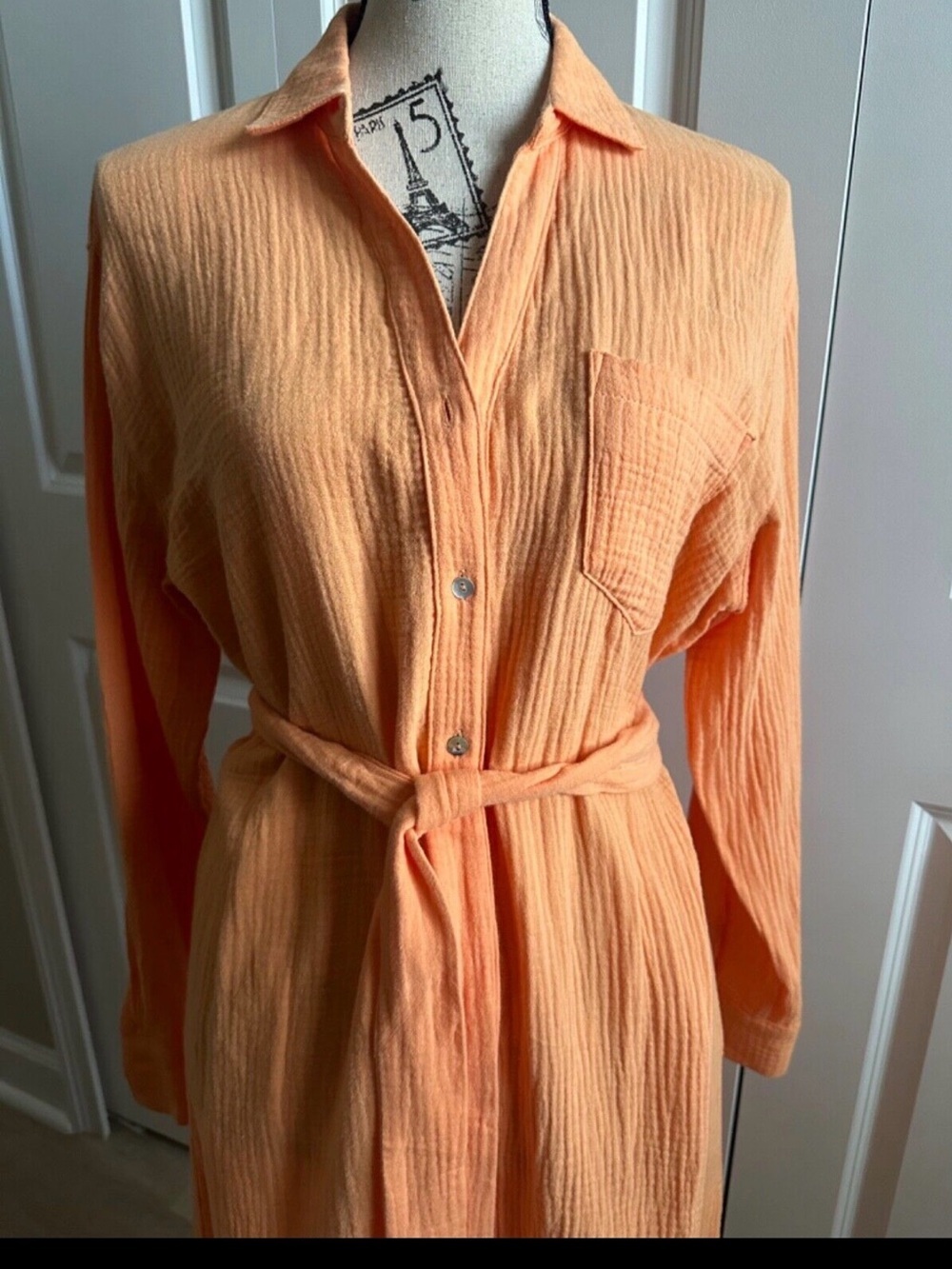 Magaschoni Orange Textured Long-Sleeve Shirt Dress with Waist Tie organic cotton - Picture 2 of 10